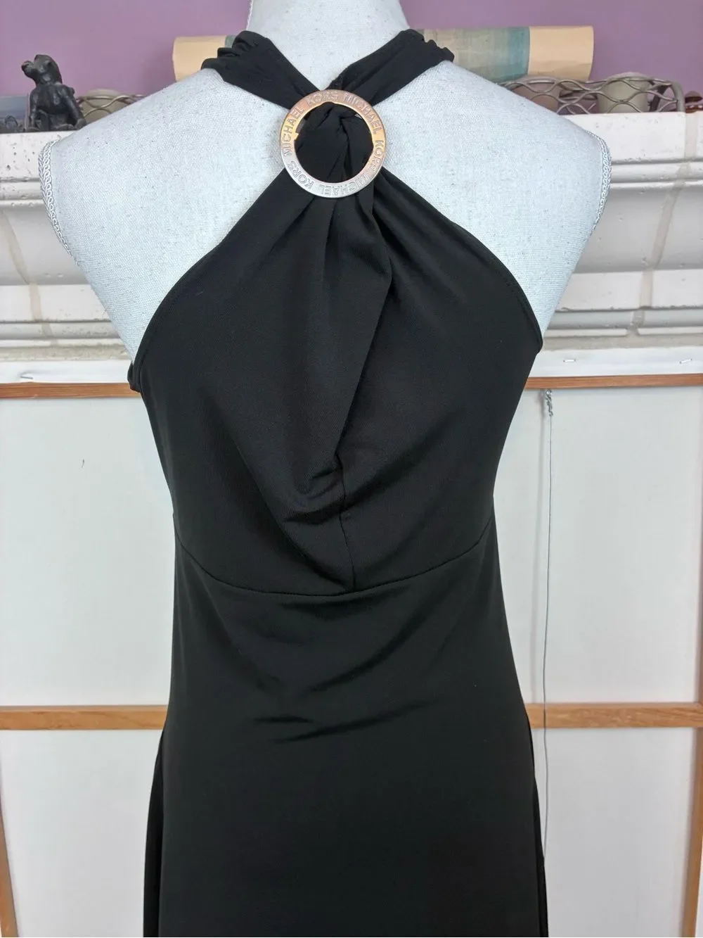 Michael Kors Black Cross-Neck TBack Midi Dress w/ Logo Buckle